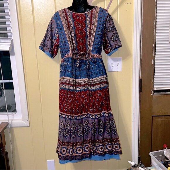 Vintage LaCera Pleated 90s Cotton Babydoll Maxi Dress Boho Hippie - Picture 2 of 12